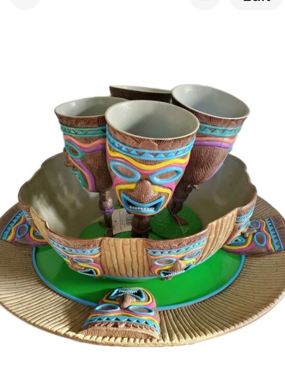 TIKI Lg Platter, Bowl, 4 Goblets Set Polynesian Hawaiian Tropical Island Serving